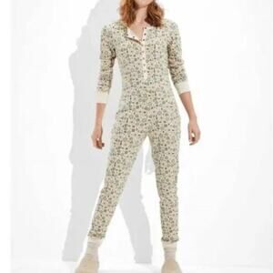 American Eagle Womens Thermal Waffle Knit One Piece Jumper XS Green Floral